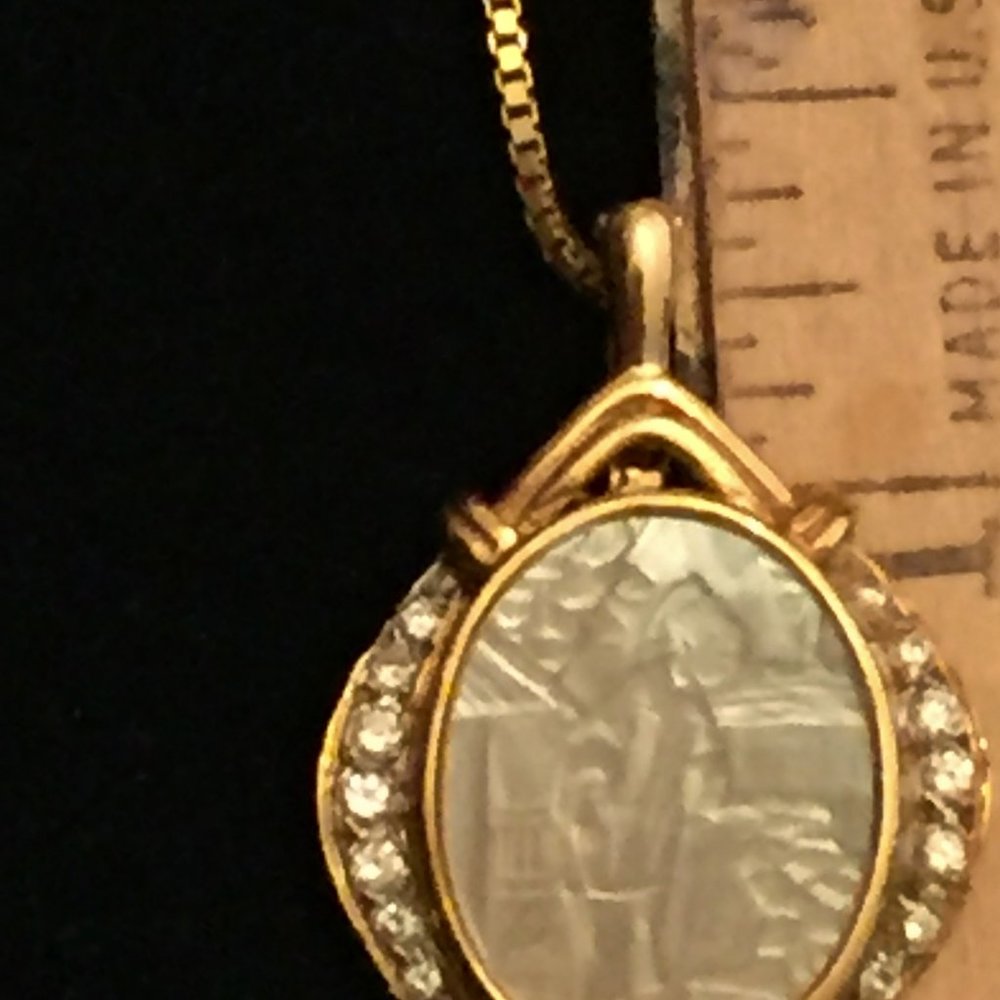 14k Diamond Mother of Pearl Pendant Necklace Enhancer Portrait Landscape MOP Vtg - Picture 6 of 14